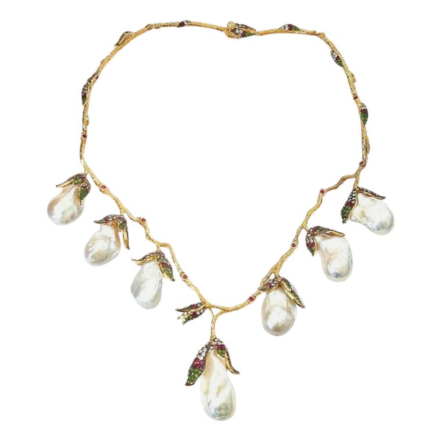 Bochic “Capri” Vintage Pearl, Ruby & Multi Gem Necklace Set in 18K & Silver For Sale