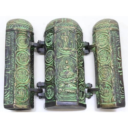 Vintage Mid-Century Tibetan Folding Buddhist Triptych Shrine Altar Cast Bronze-Verdigris For Sale - Image 9 of 10