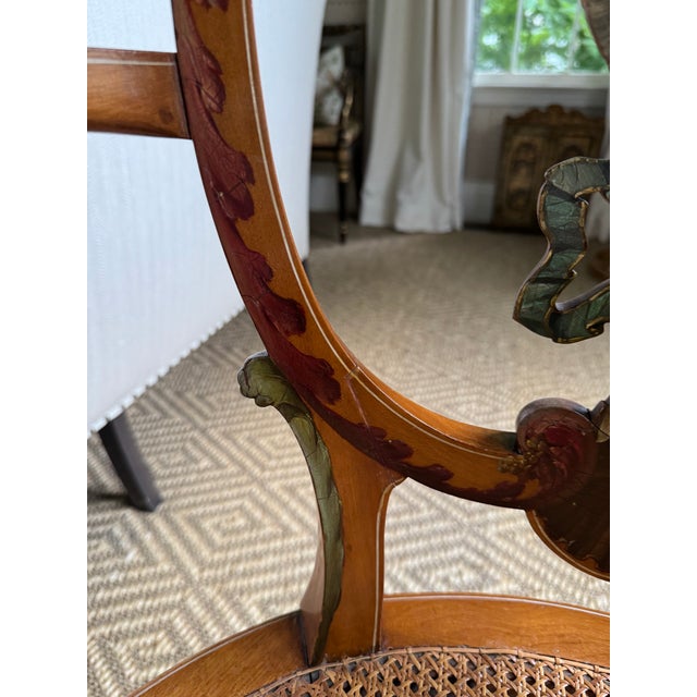 Late 19th Century Satinwood Oval Back Polychrome & Painted Armchair With "Prince of Wales Feathers" For Sale - Image 4 of 16