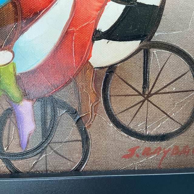 Folk Art Signed Joyce Roybal Original Oil Painting Cyclists 9” X 7.5” Vintage Folk Art For Sale - Image 3 of 6