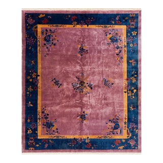 Antique Chinese Art Deco Oriental Modern Floral Purple Field 1920s Knotted Rug For Sale