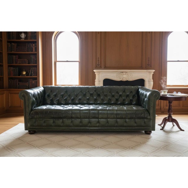Olive 1960s Distressed Olive Green Chesterfield Leather Sofa With Tufted Back & Bun Feet For Sale - Image 8 of 12