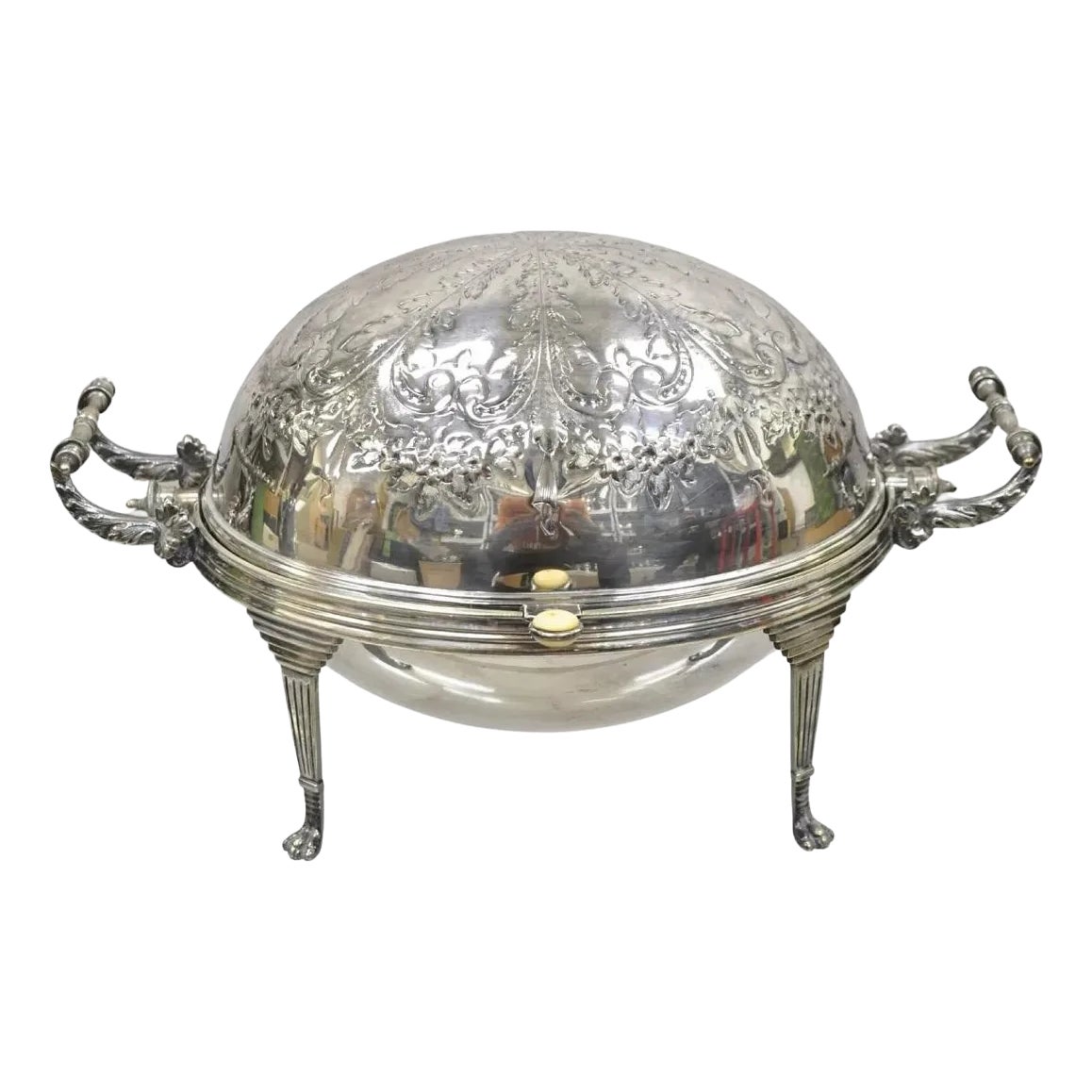 Antique Edwardian Silver Plated Revolving Dome Oval Chafing Dish