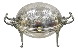 Antique Edwardian Silver Plated Revolving Dome Oval Chafing Dish Food Warmer