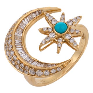 Vintage Turquoise Diamond 14k Yellow Gold Star Crescent Ring, Size 7 For Sale