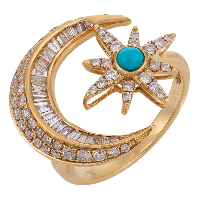 Vintage Turquoise Diamond 14k Yellow Gold Star Crescent Ring, Size 7 For Sale