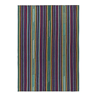 1950s Vintage Chaput Kilim Style in Blue, Polychromatic Stripe Patterns For Sale