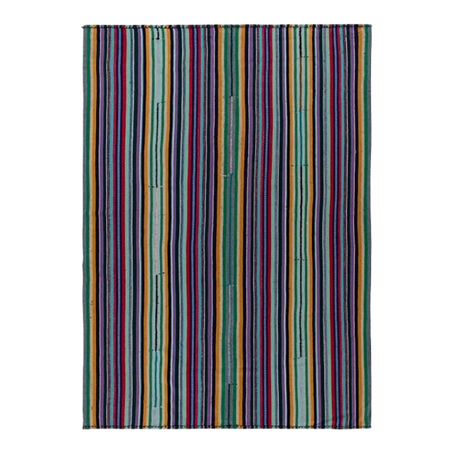 1950s Vintage Chaput Kilim Style in Blue, Polychromatic Stripe Patterns For Sale