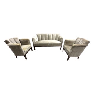 1950s Art Deco Scalloped Velvet Lounge Chairs and Sofa Set For Sale