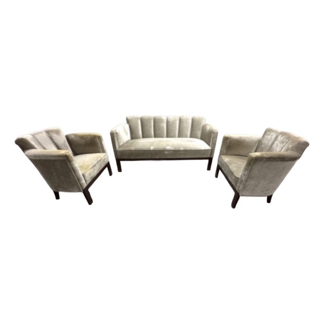 1950s Art Deco Scalloped Velvet Lounge Chairs and Sofa Set For Sale