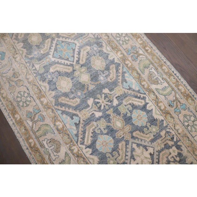Sky Blue Long Hamedan Sky Blue Chartreuse Runner rug no. j5211 For Sale - Image 8 of 9