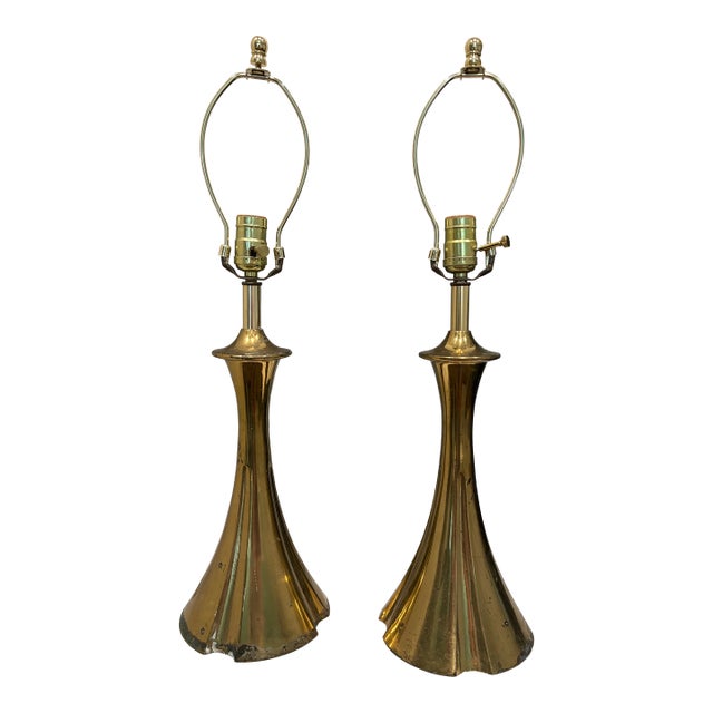 70s Vintage Brass Flared Trumpet Table Lamps Attributed to Tony Paul - A Pair For Sale