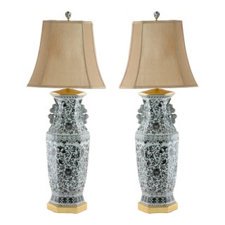 Large Pair Glazed Tapestry Porcelain / Gilt Base Table Lamps For Sale