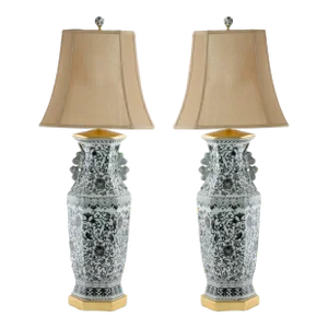 Large Pair Glazed Tapestry Porcelain / Gilt Base Table Lamps