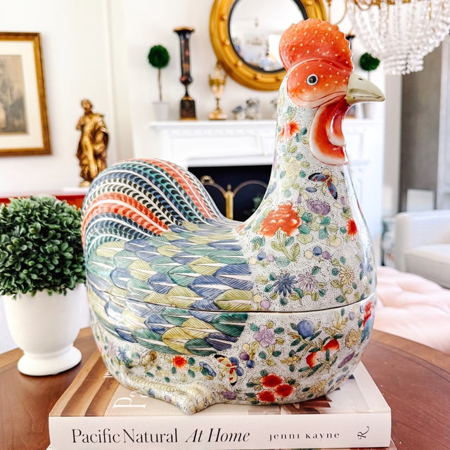 Large Vintage Chinese Famille Rose Polychrome Enamel Rooster Form Covered Box & Tureen For Sale - Image 14 of 15