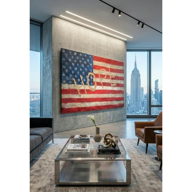 American 1980s Monumental Custom Made Hand Painted Draped Canvas Distressed American Flag Hope Wall Painting Art For Sale - Image 3 of 17