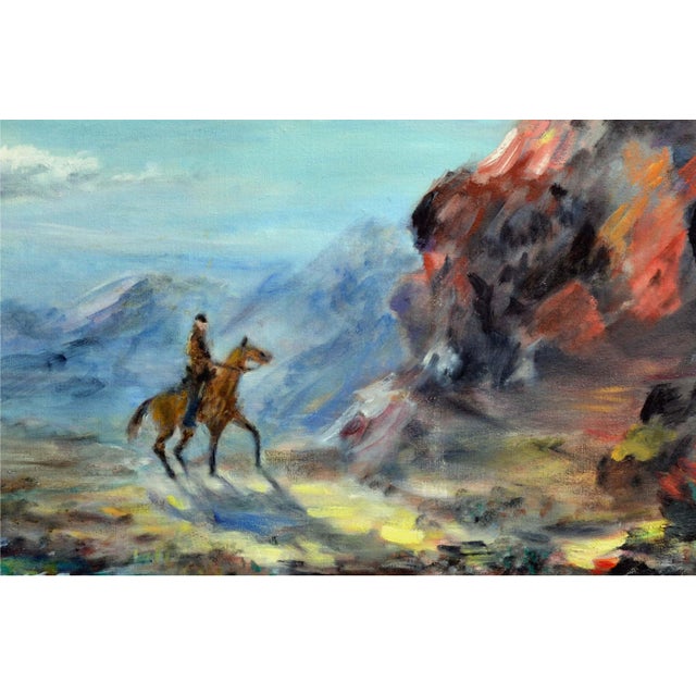 Substantial California oil painting of a Navajo horseman in the New Mexico mountains. Stylistically similar to Constantine...