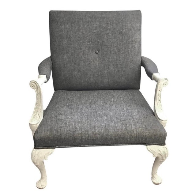 Stunning pair of Large Georgian Style library armchairs. In a matte white finish and featuring a dramatic contrasting grey...