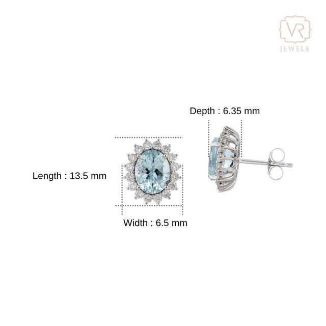VRJewels 3.72ct Oval Aquamarine Diamond Halo Stud Earrings in 14k Gold- 2 Pieces For Sale - Image 11 of 15