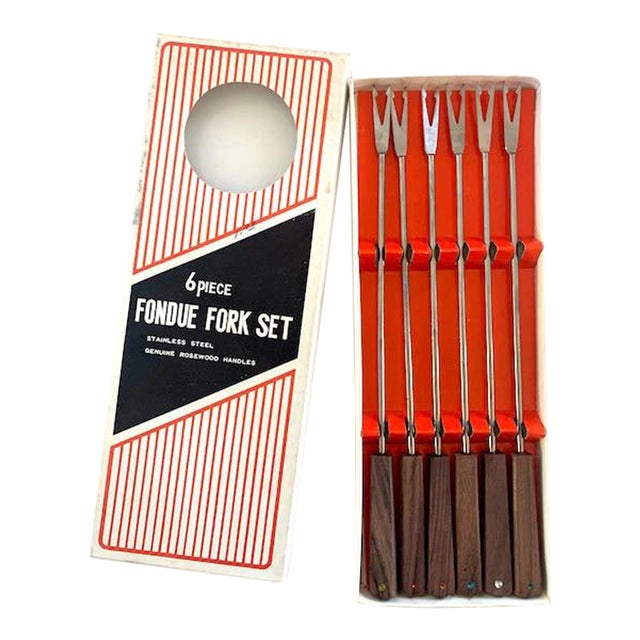 1960s Rosewood and Stainless Steel 6 Piece Fondue Fork Set For Sale