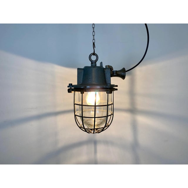 Industrial Grey Cast Iron Cage Pendant Light, 1960s For Sale - Image 9 of 14
