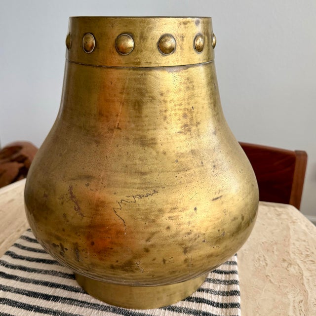 Vintage Modern Brass Planter Catchpot Jardiniere Patina Studded Hammered 13”x12” For Sale - Image 10 of 12
