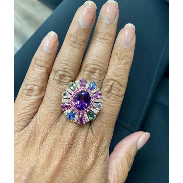 Purple 7.87 Carat Natural Amethyst Sapphire and Diamond Rose Gold Cocktail Ring, Size 7 For Sale - Image 8 of 8