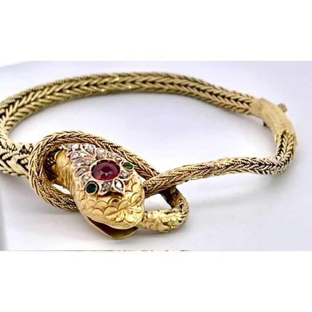 Gemstone Late 19th Century 14k Yellow Gold Snake Bracelet For Sale - Image 7 of 10