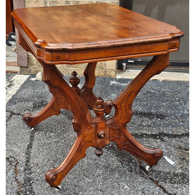 Wood 19th Century Victorian Rococo Style Walnut Rolling Center Table For Sale - Image 7 of 9