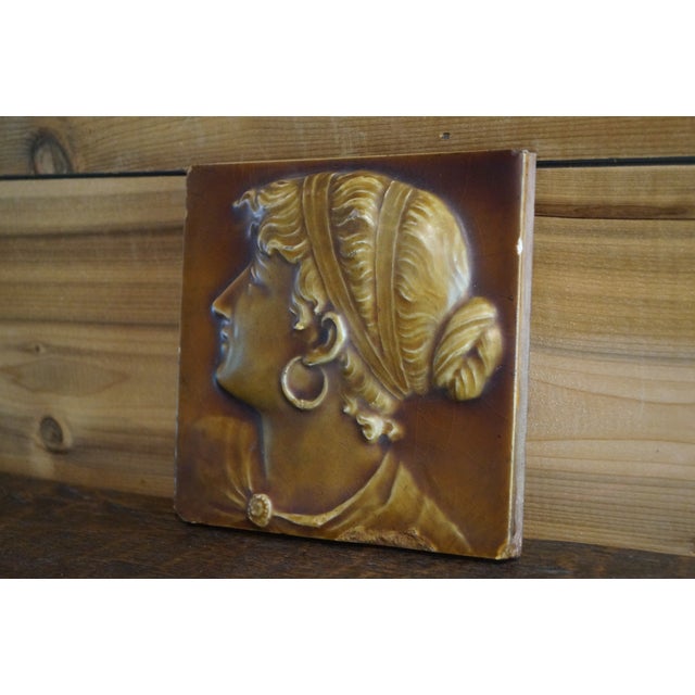 19th Century Victorian Majolica Portrait Tile of a Woman For Sale - Image 4 of 9