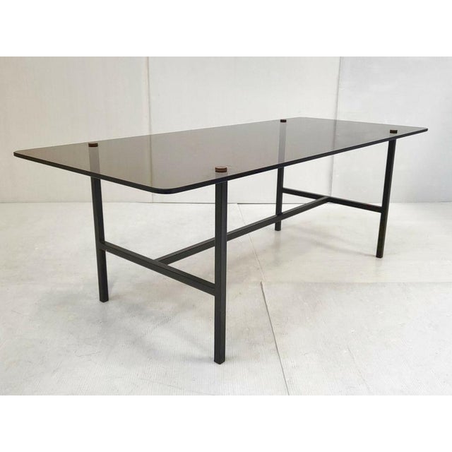 Vintage Coffee Table in Black Lacquered Steel and Smoked Glass, 1950s For Sale - Image 9 of 11