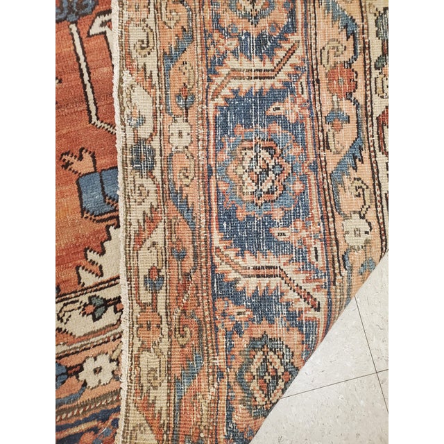 Persian Antique Persian Serapi Carpet, Handmade Wool Oriental Rug Ivory, Rust Light Blue For Sale - Image 3 of 18