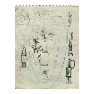 David Adickes Early Modern Black & White Abstract Still Life & Vases Drawing Studies, Mid 20th Century For Sale