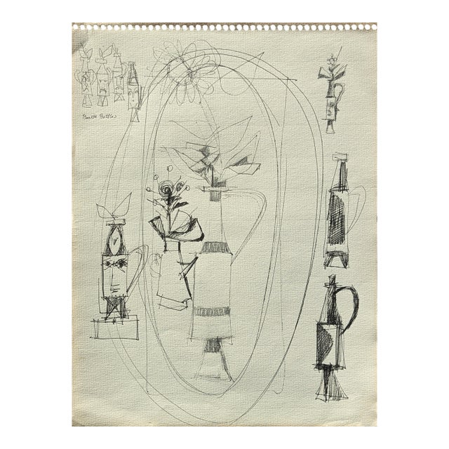 David Adickes Early Modern Black & White Abstract Still Life & Vases Drawing Studies, Mid 20th Century For Sale
