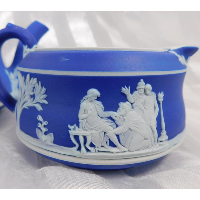 1960s Portland Blue Wedgwood Jasperware Teapot Sugar Bowl and Creamer For Sale - Image 9 of 13