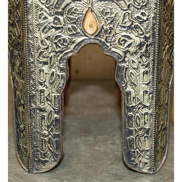Antique Indian Repousse Pewter with Stone Inlaid Detailing Side Table, 1920 For Sale - Image 10 of 18