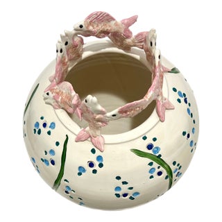 Sue Mattox Signed Art Pottery Vase Koi Fish Rim Sculptural Coastal Vessel For Sale
