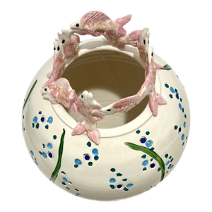 Sue Mattox Signed Art Pottery Vase Koi Fish Rim Sculptural Coastal Vessel