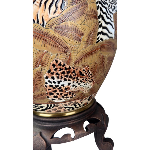 Vintage Oriental Accent Jungle Ginger Jar Table Lamps, Tiger Zebra Leopard — A Pair For Sale - Image 9 of 12