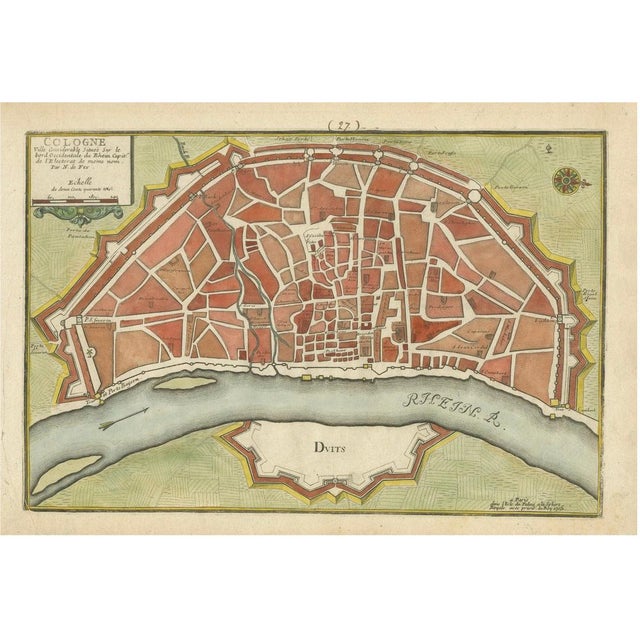 Green Hand-Colored City Plan of Cologne by Nicolas de Fer, 1705 For Sale - Image 8 of 8