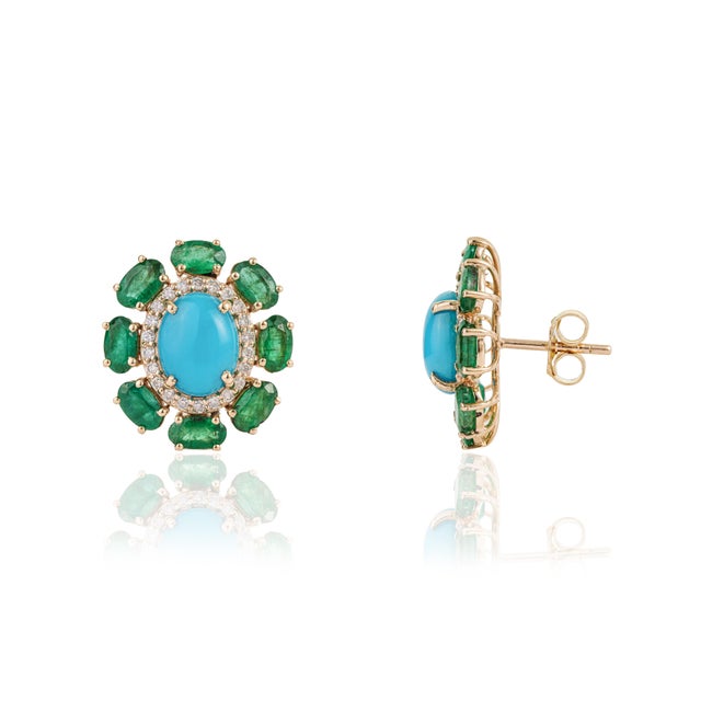 VR Jewels Retro 6.53ct Turquoise Emerald & Diamond Floral Stud Earrings in 14k Gold- 2 Pieces For Sale - Image 4 of 16