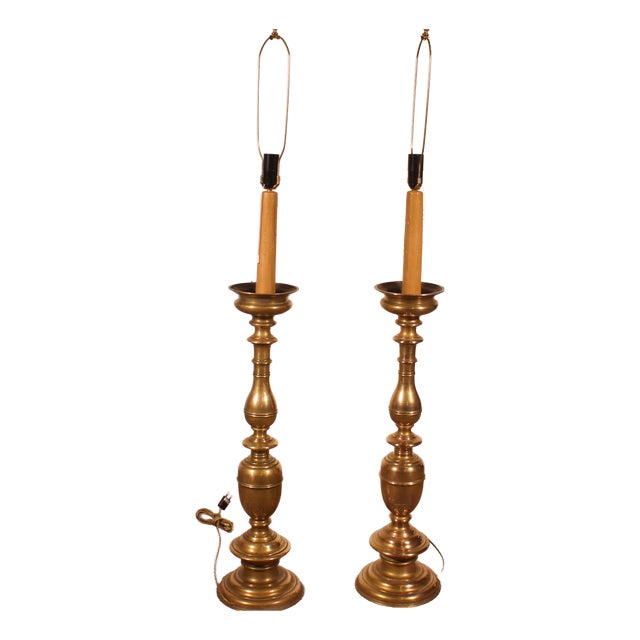 Italian Renaissance Style Bronze Candlestick Lamps, 1920s, Set of 2 For Sale