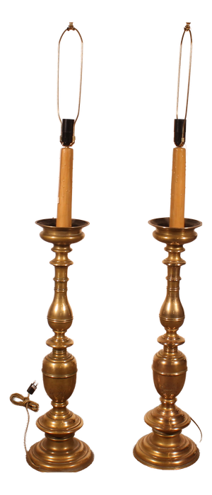 Italian Renaissance Style Bronze Candlestick Lamps, 1920s, Set of 2