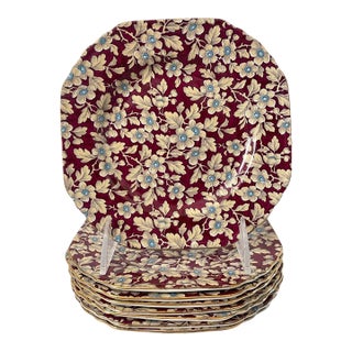 Lord Nelson Ware Royal Brocade Burgundy Chintz Salad Dessert Plates. Set of 8. For Sale