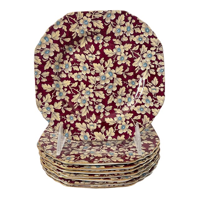 Lord Nelson Ware Royal Brocade Burgundy Chintz Salad Dessert Plates. Set of 8. For Sale