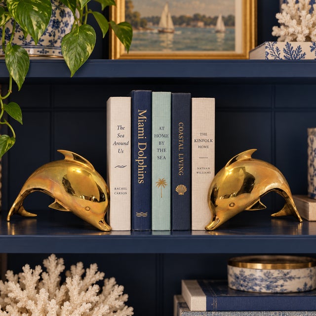 Vintage Dolbi Cashier Sculptural Solid Brass Dolphin Bookends – Pair 1986 Measurements: 10.25"L x 3.5"W x 6"H (26.04cm x...