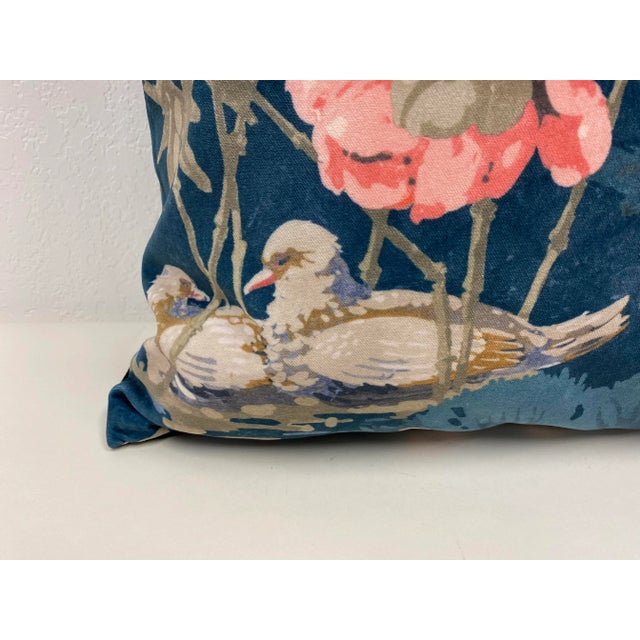 20" Square Pillow With a Pink Floral and Bird Pattern on a Velour-Like Dark Blue Background - Made in Uk. For Sale - Image 4 of 9