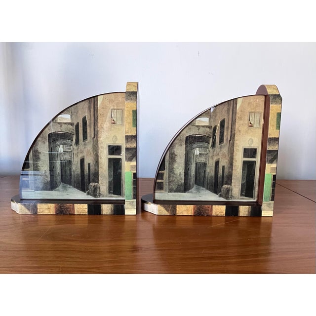 Fornasetti Style Italian Trompe L’Oeil Architectural Bookends With Glass, Tuscan For Sale - Image 9 of 11