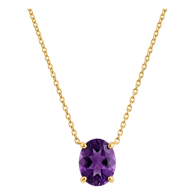 Amethyst Solitaire Oval Necklace, February Birthstone Jewelry, Purple Gemstone Necklace For Sale