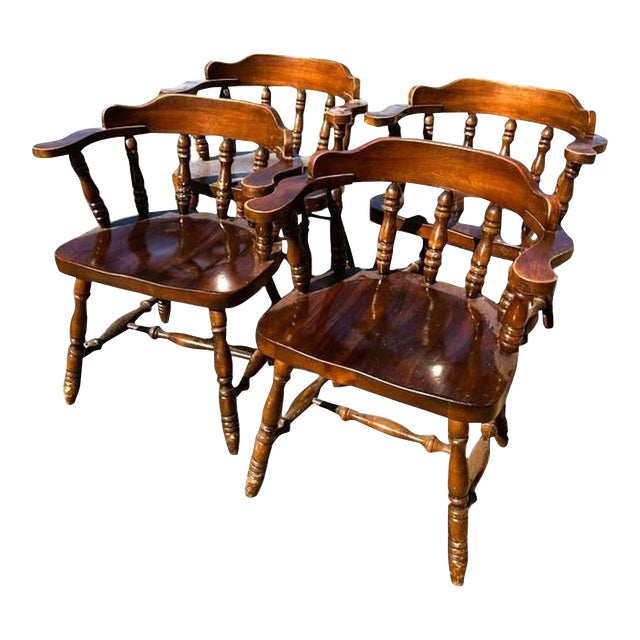 Antiqued Pine Tavern Captain's Chairs - Set of 4 - Vintage Late 20th Century For Sale